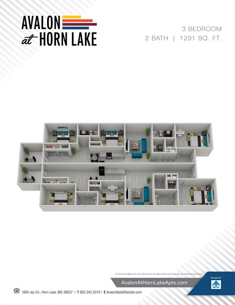 Floor plan for 3 beds, 2 baths, 1291 sqft